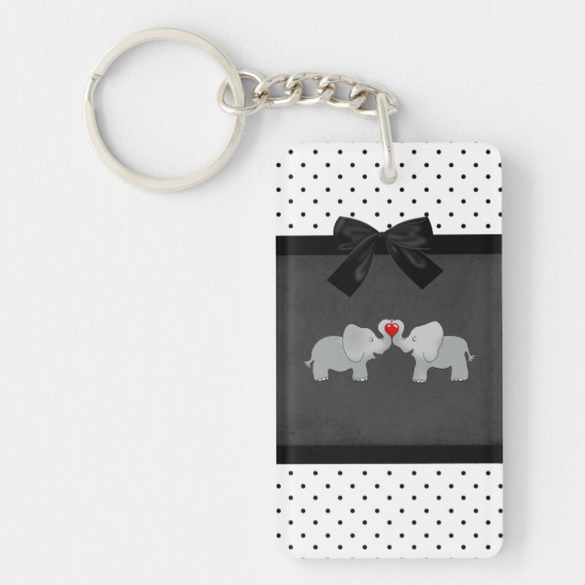 Cute Adorable Elephants,Polka Dots,Black Bow Keychain (Front)
