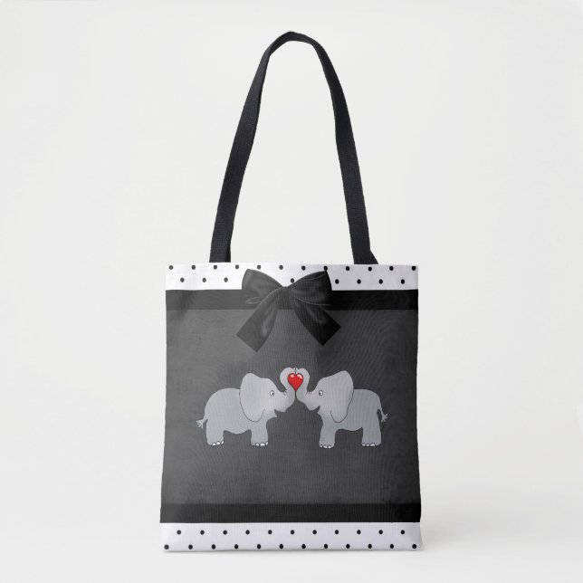 Cute Adorable Elephants,Polka Dots,Black Bow Tote Bag (Front)