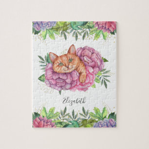 Cute Adorable Floral Cat Name Jigsaw Puzzle