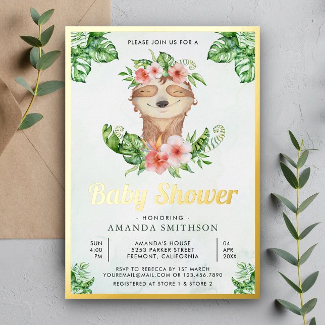 Cute Adorable Floral Sloth Girl Baby Shower Gold (Creator Uploaded)