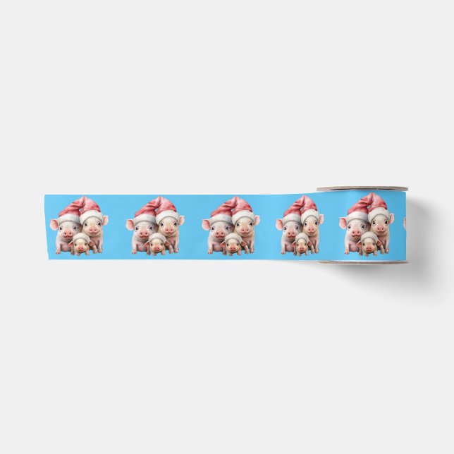 Cute Adorable Funny Christmas Pigs on Blue Satin Ribbon (Front)