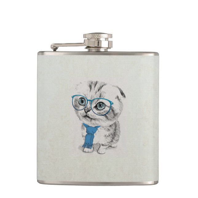 Cute adorable funny trendy kitten animal sketch hip flask (Front)