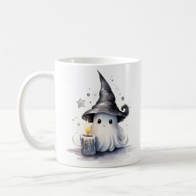Cute, adorable ghost dressed in a witch's hat mug (Left)