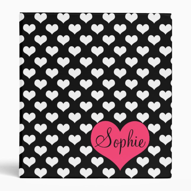 Cute adorable girly black and white hearts pattern binder (Front)