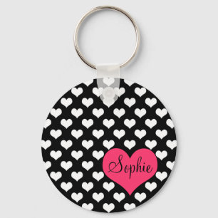 Cute adorable girly black and white hearts pattern keychain