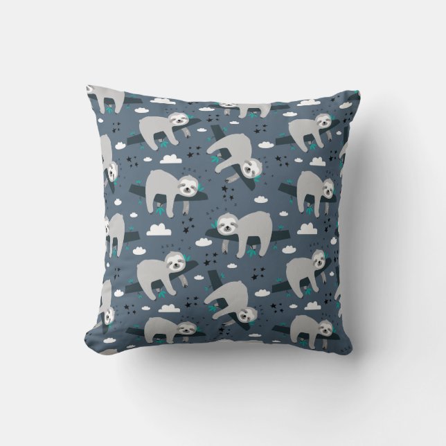 cute adorable gray sloth pattern blue background throw pillow (Front)