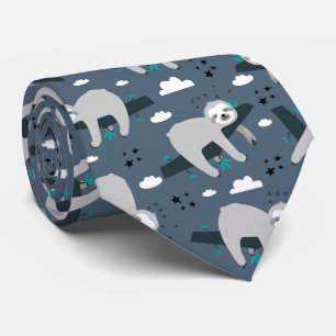 cute adorable gray sloth pattern blue background tie