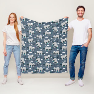cute adorable grey sloth pattern blue background fleece blanket
