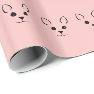 Cute Adorable Hand Drawn Kitty Face Pink and Black Wrapping Paper