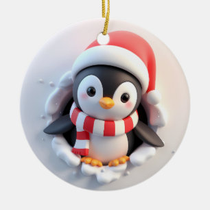 Cute Adorable Holiday Penguin Bursting Out Ceramic Ornament