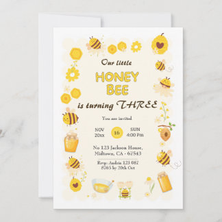 Cute adorable Honey Bee themed 3rd birthday Invitation