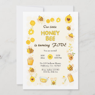 Cute adorable Honey Bee themed 5th birthday Invitation