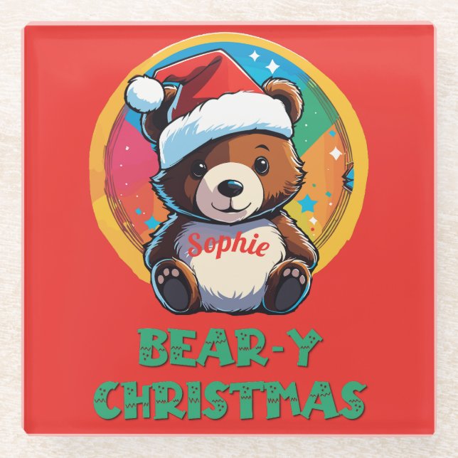 Cute Adorable Kawaii Chibi Bear-y Christmas Bear Glass Coaster (Front)