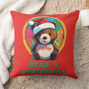 Cute Adorable Kawaii Chibi Bear-y Christmas Bear Throw Pillow