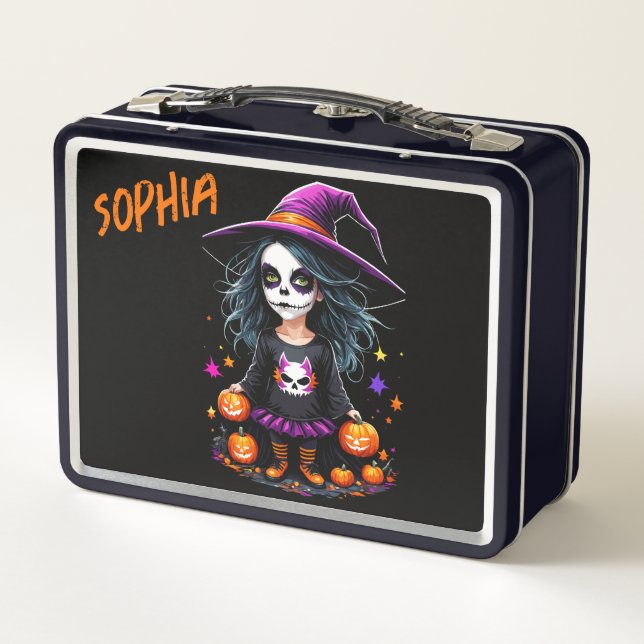 Cute Adorable Kawaii Halloween Witch Metal Lunch Box (Back)