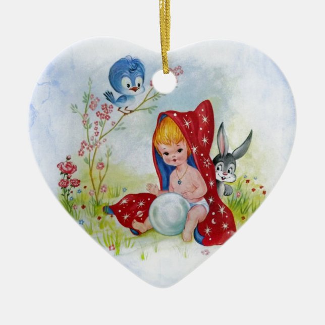 Cute adorable little boy, bunny and bird playing ceramic ornament (Front)