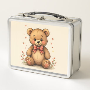 Cute adorable little brown bear with tie metal lunch box