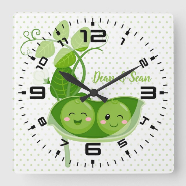 Cute adorable peas - choose background colour square wall clock (Front)