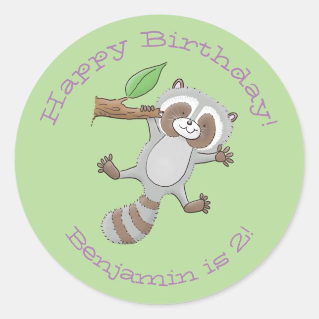 Cute adorable raccoon cartoon illustration classic round sticker (Front)