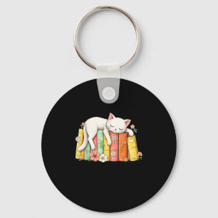 Cute adorable sleeping cat and books cozy readers keychain