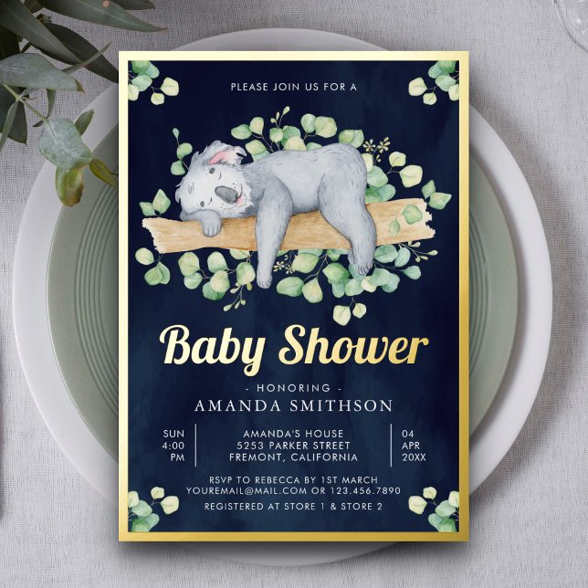 Cute Adorable Sleeping Koala Navy Baby Shower Gold (Creator Uploaded)