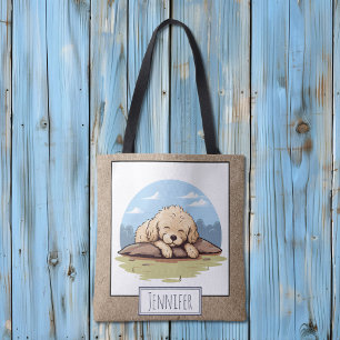Cute Adorable Sleeping Poodle Puppy Cartoon Name Tote Bag