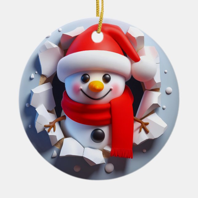Cute Adorable Snowman Bursting Through  Ceramic Ornament (Front)