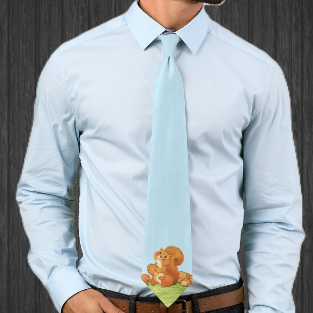 Cute Adorable Squirrel Nuts Tie (Cute red squirrel in grass with stash of nuts acorns on light blue neck tie.)