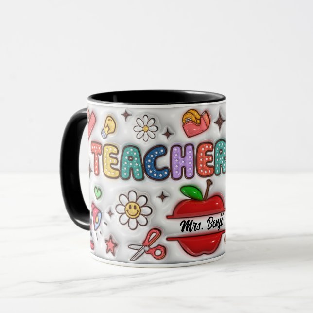 Cute Adorable Teacher Name 3D Inflated Look Design Mug (Front Left)