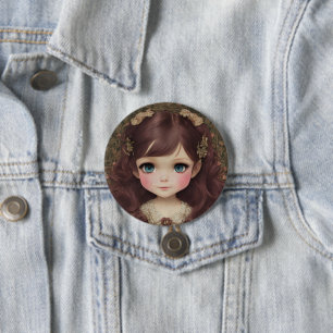 Cute Adorable Vintage Style Chibi Kawaii Girl Art 3 Inch Round Button