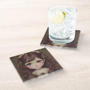 Cute Adorable Vintage Style Chibi Kawaii Girl Art Glass Coaster