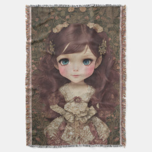 Cute Adorable Vintage Style Chibi Kawaii Girl Art Throw Blanket