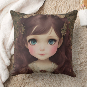 Cute Adorable Vintage Style Chibi Kawaii Girl Art Throw Pillow