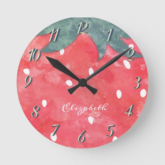 Cute Adorable Watercolor Strawberry   Round Clock (Front)