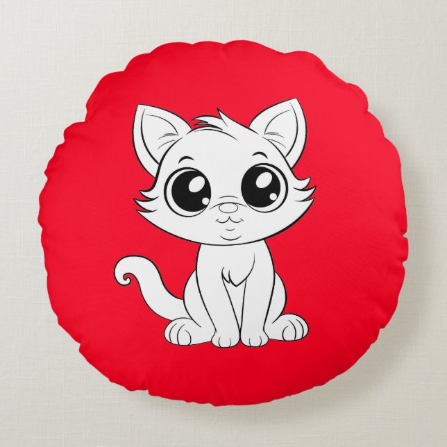 Cute Adorable White Cat Cartoon-30853 Round Pillow (Front)