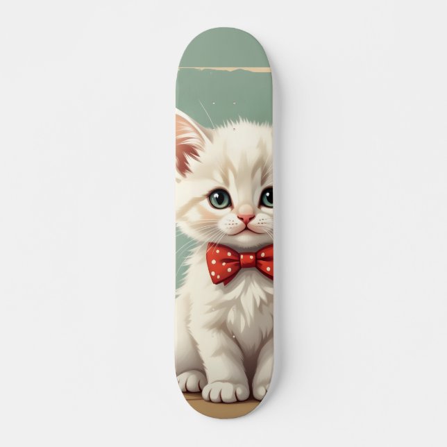 Cute adorable white cat with bow tie skateboard (Front)
