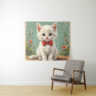 Cute adorable white cat with bow tie tapestry