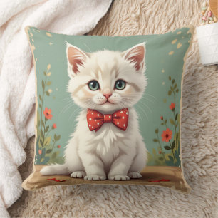 Cute adorable white cat with bow tie throw pillow