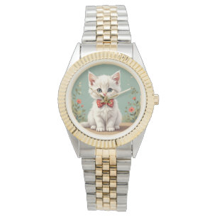 Cute adorable white cat with bow tie watch