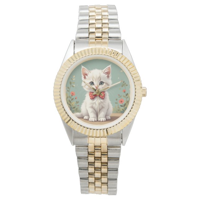 Cute adorable white cat with bow tie watch (Front)
