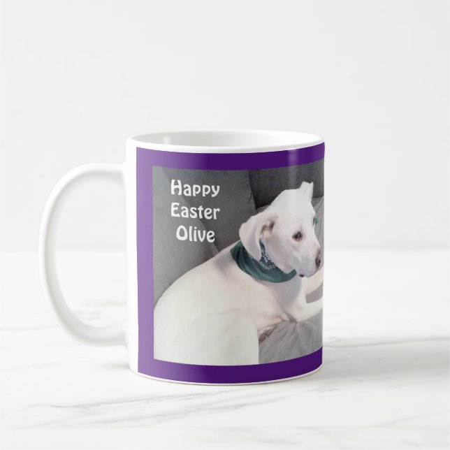 Cute Adorable White Puppy Dog Purple Easter Gift Coffee Mug (Left)