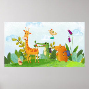 Cute Adorable Wild Animals Schooling Cartoon Poster