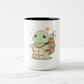 Cute Adventure Turtle Traveller Kawaii Design Two-Tone Coffee Mug