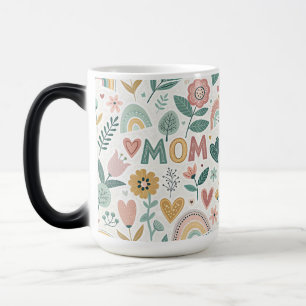 Cute Aesthetic Folk Art Flowers & Hearts MOM Magic Mug