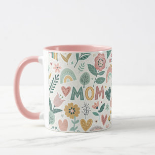 Cute Aesthetic Folk Art Flowers & Hearts MOM Mug
