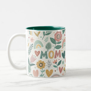 Cute Aesthetic Folk Art Flowers & Hearts MOM Two-Tone Coffee Mug