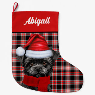 Cute Affenpinscher Dog Holiday Plaid Personalized Large Christmas Stocking