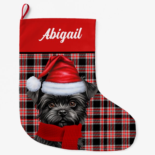 Cute Affenpinscher Dog Holiday Plaid Personalized Large Christmas Stocking (Front)