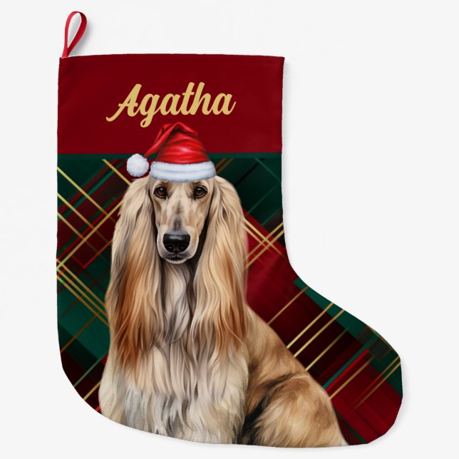 Cute Afghan Hound Dog Holiday Plaid Personalized Large Christmas Stocking (Front)