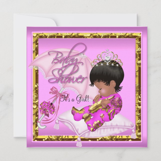 Cute African American Baby Shower Pink Gold Invitation (Front)